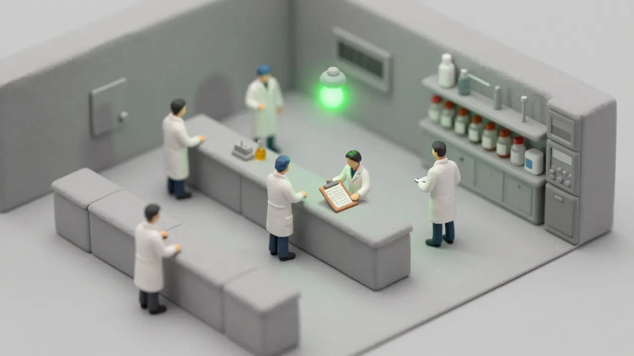 Factory workers inspecting a sterile pharmaceutical manufacturing production line.