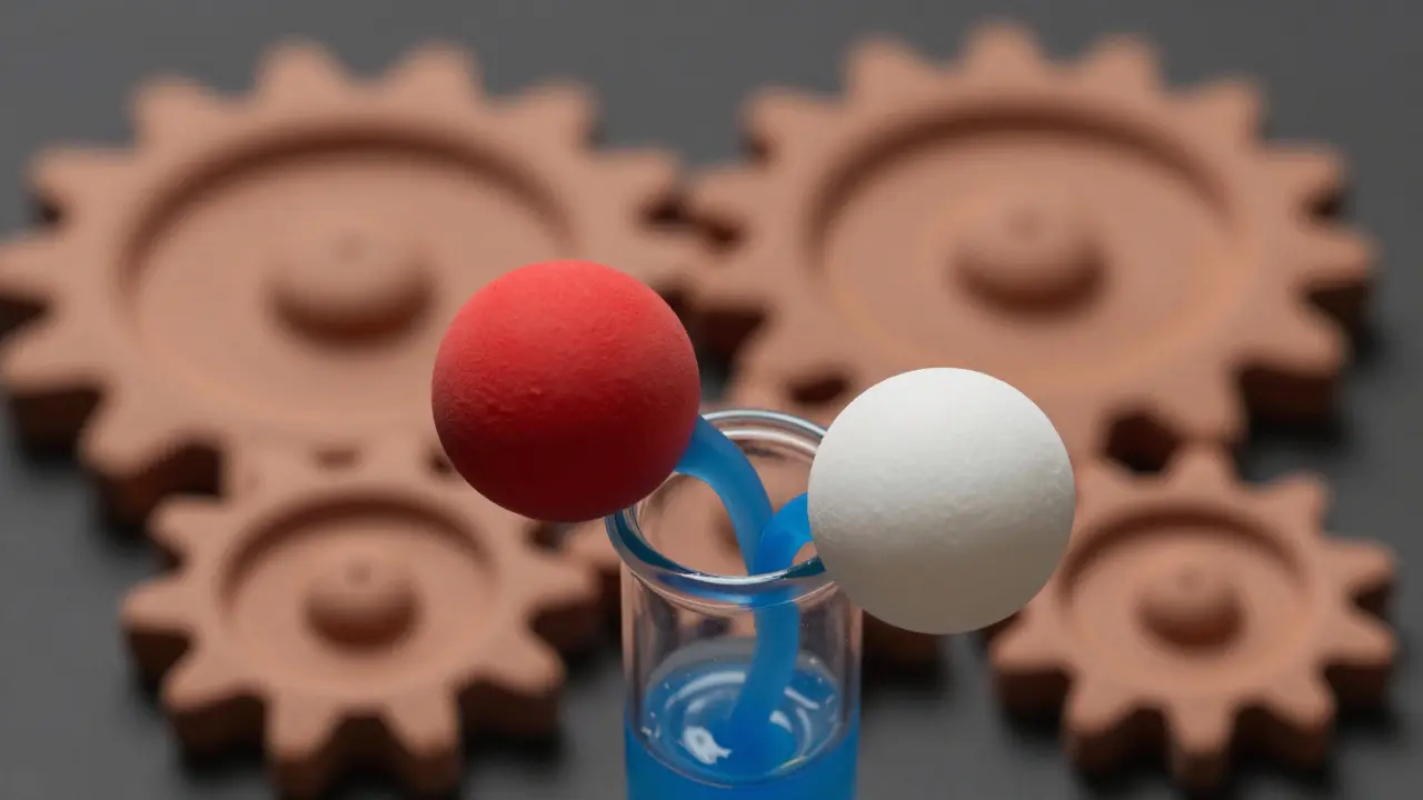 Medicine pellets mixing into a liquid solution with abstract gears in background.