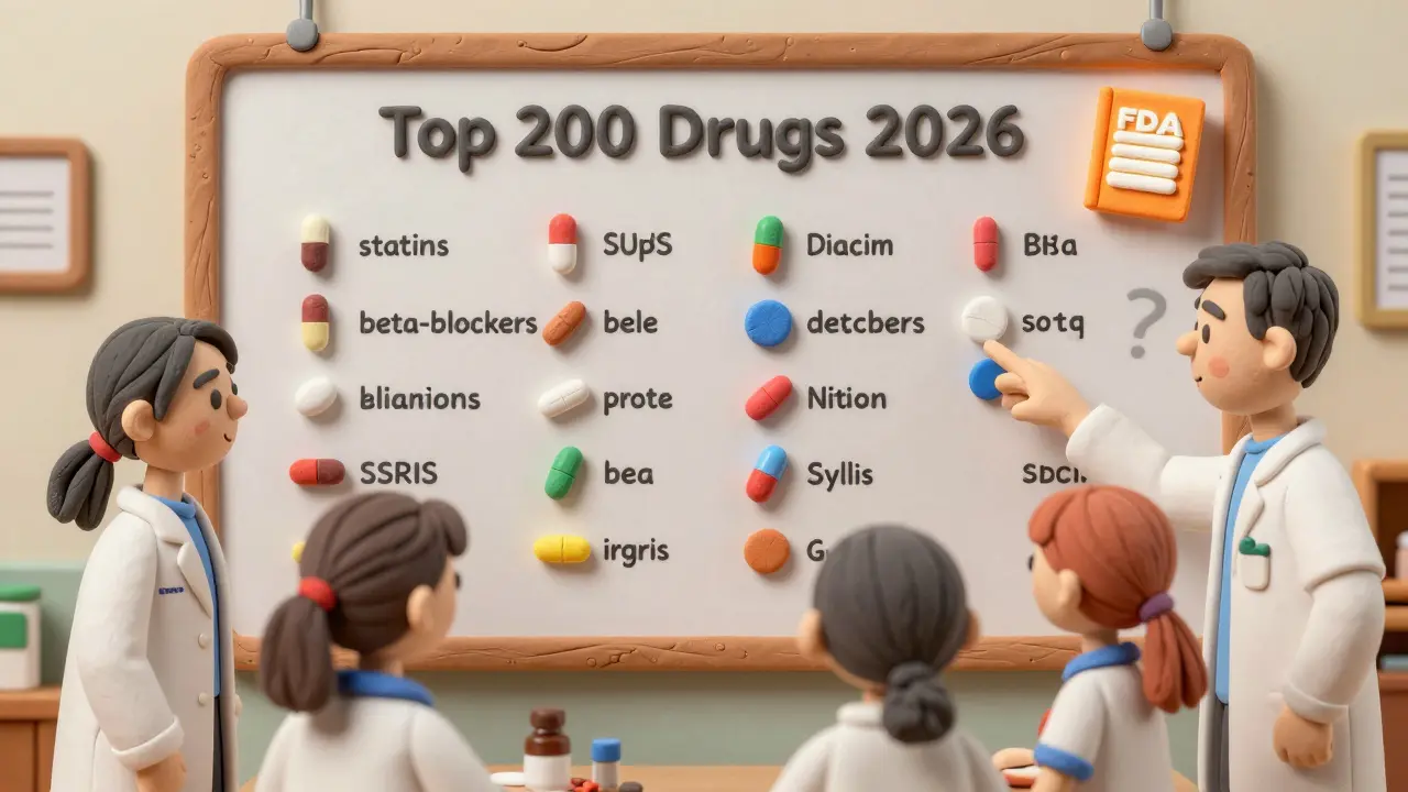 Pharmacy students studying a colorful Top 200 Drugs chart grouped by therapeutic class in clay style.