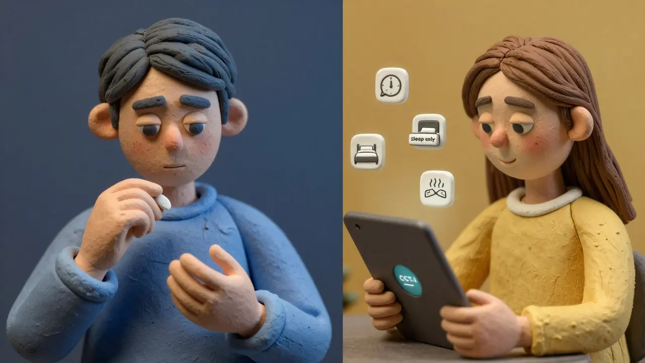 Split scene: one side shows someone taking a sleep pill with grogginess, the other shows someone using a CBT-I app with sleep tools.