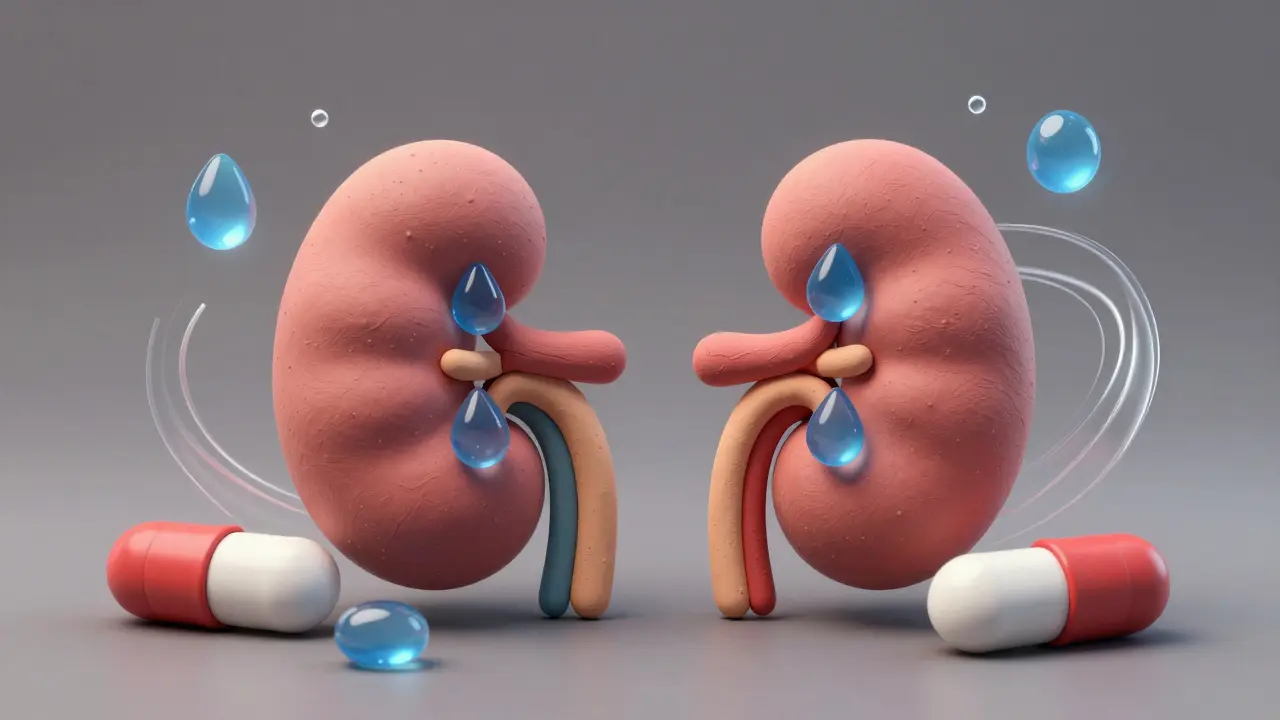 Stylized kidneys and pills showing water flow concept visually