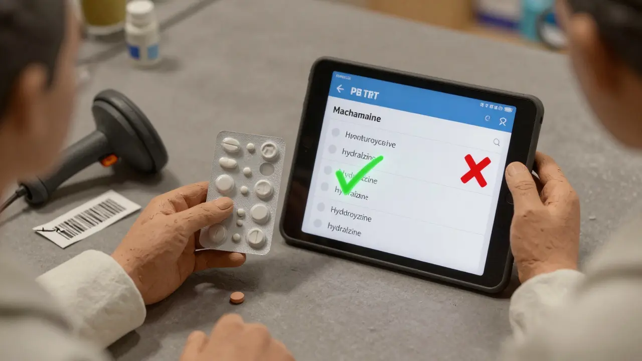 Technician comparing pill imprint to digital drug info, barcode scanner with damaged label nearby.