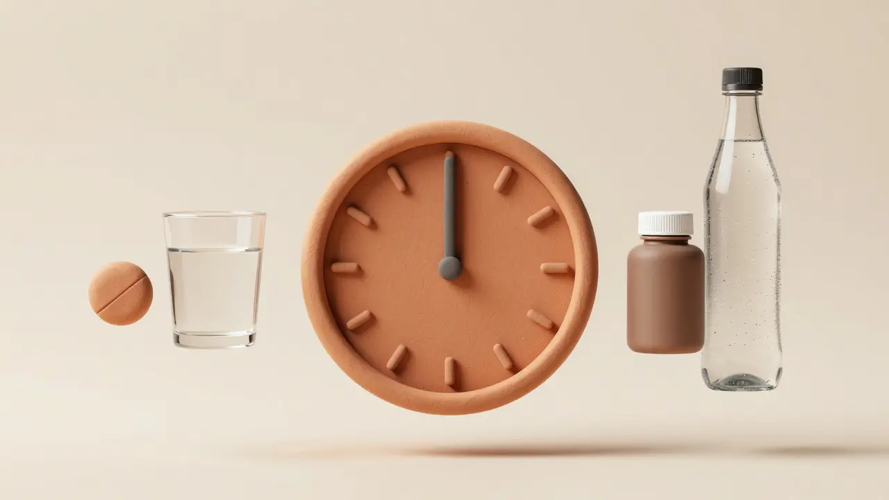 A clay clock illustrating the two-hour required gap between bone meds and magnesium.