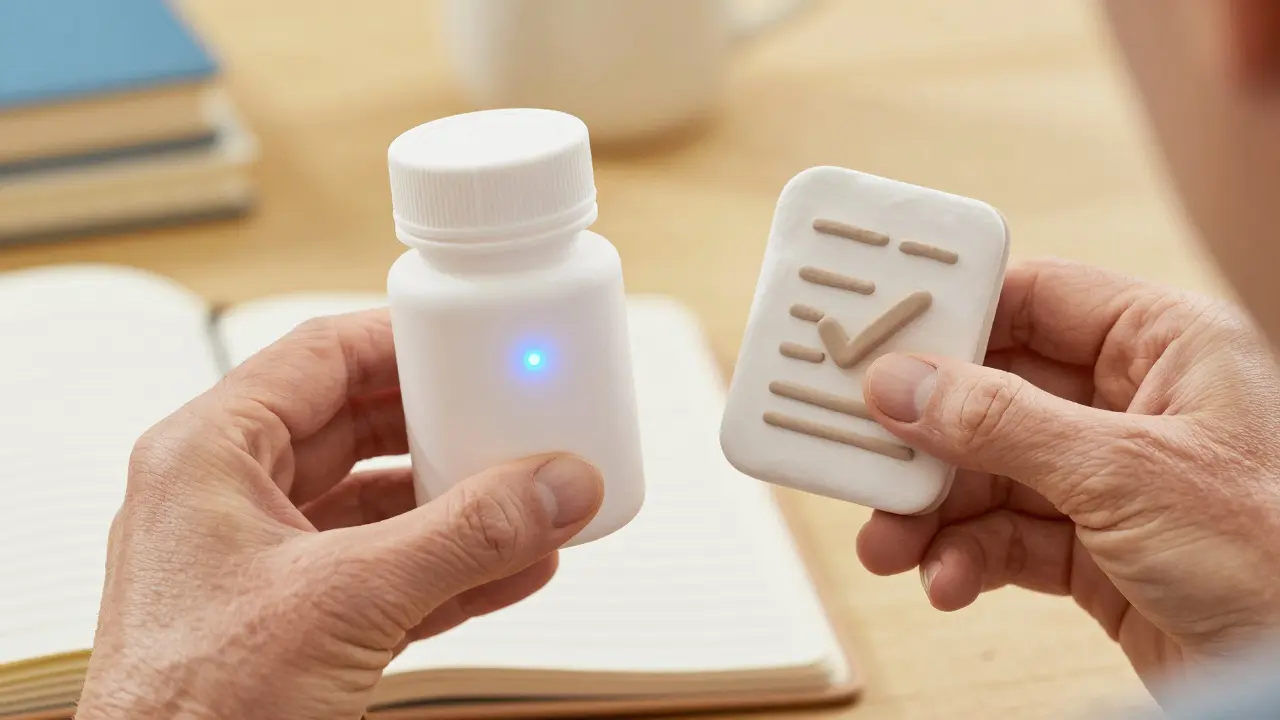 A clay rendering of a smart pill bottle and a health diary for medication tracking.