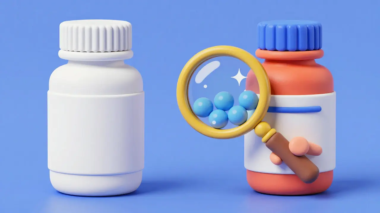 Clay art comparing a generic and brand name medication bottle
