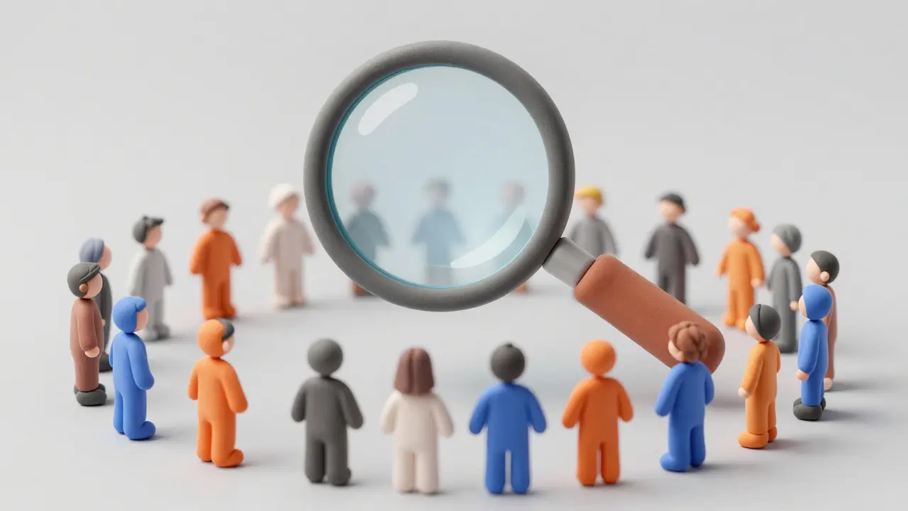 Clay art showing a magnifying glass identifying rare reactions among a crowd of people.