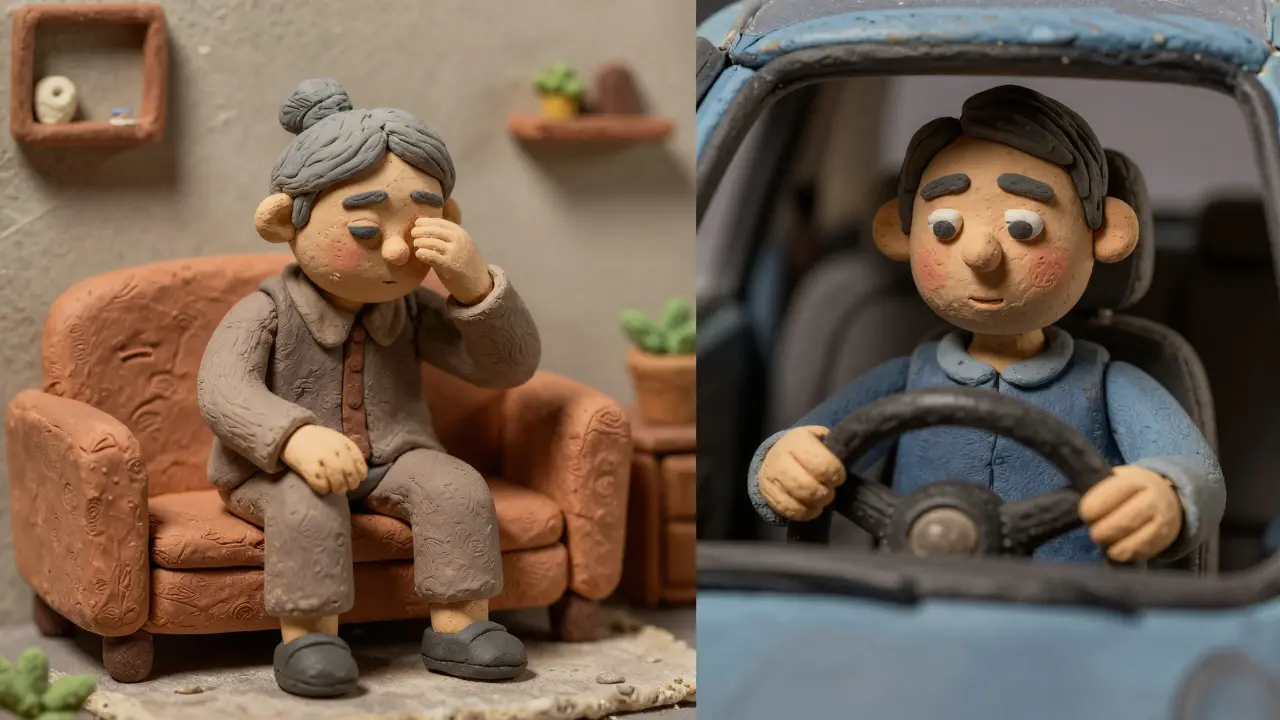 Clay figures showing a drowsy driver and an unsteady senior