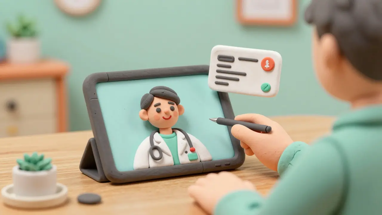 Clay illustration of a person using a tablet for a telehealth doctor visit