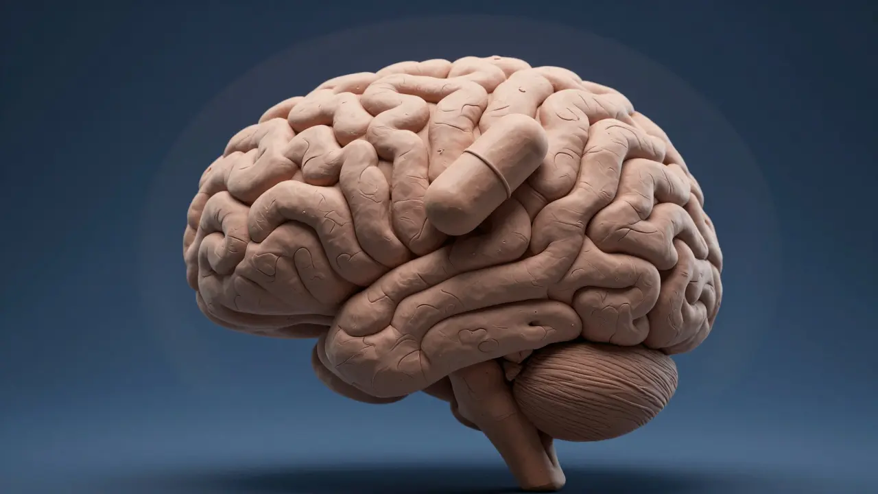 Clay model of a brain being pressed by a pill, symbolizing CNS depression.