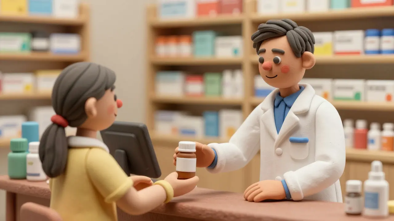 Clay pharmacist handing medication to a smiling patient