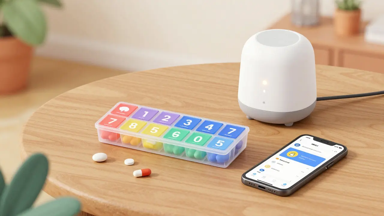 Clay rendering of a pill organizer, a smart dispenser, and a smartphone with a health app.
