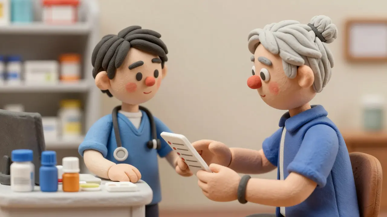 Clay style scene of a caregiver and an elderly person reviewing a medication list together.