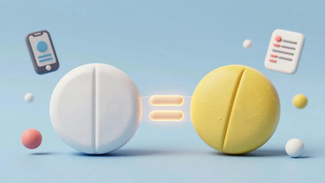 Comparison of brand name and generic pills showing they are the same