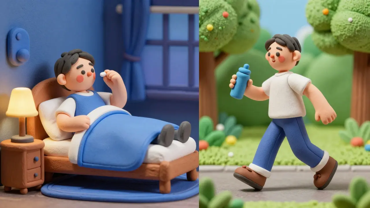 Comparison of taking medication at night and exercising during the day in clay style.