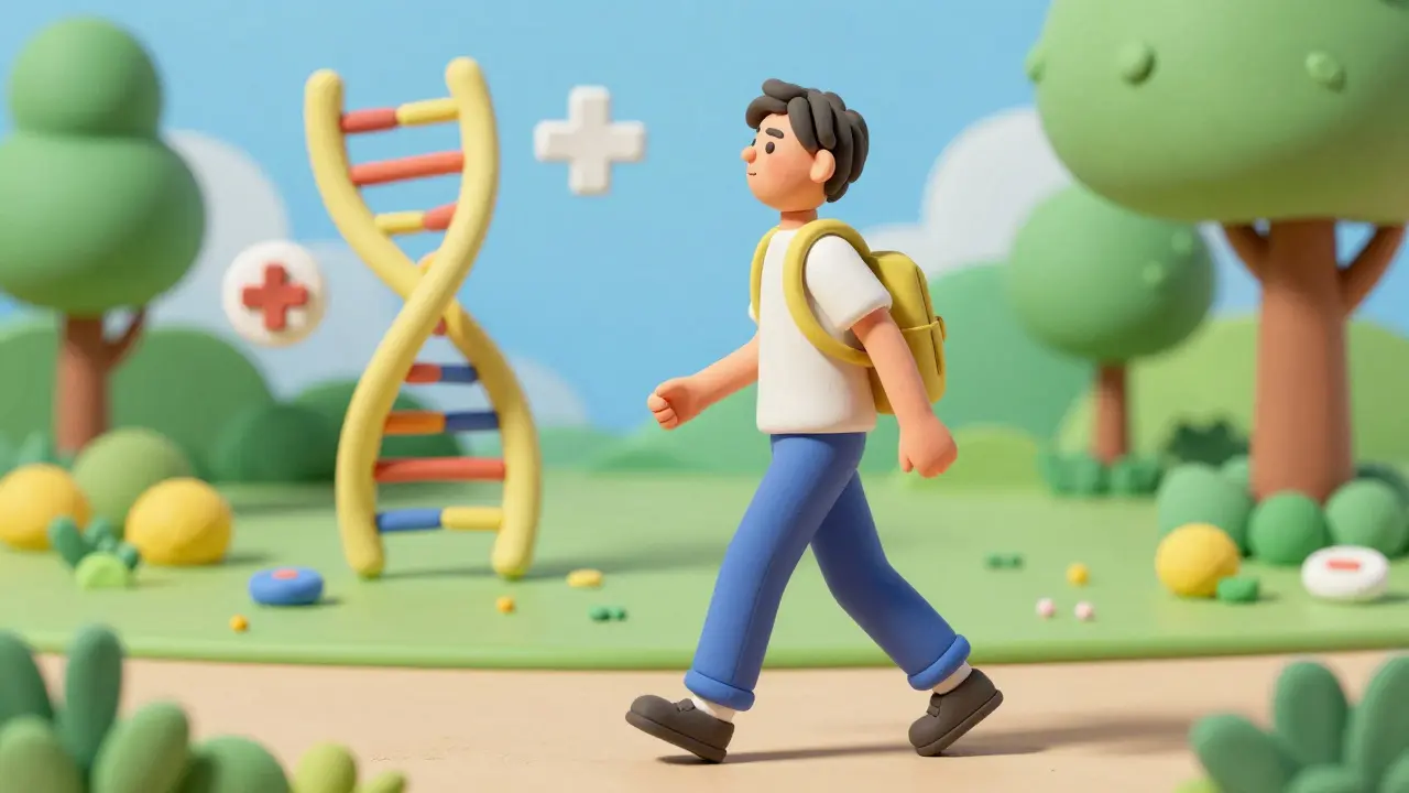 Person walking in a park with a clay DNA symbol in the background