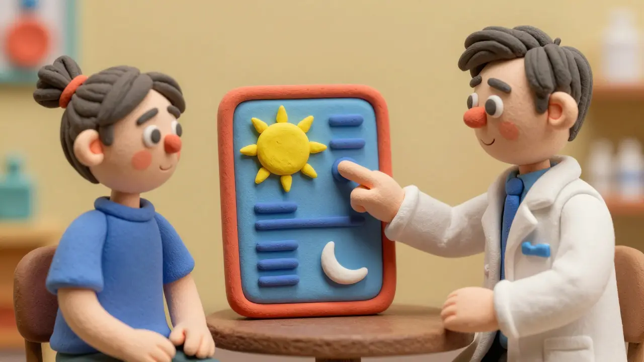 Pharmacist using visual pictograms to explain medication timing to a patient